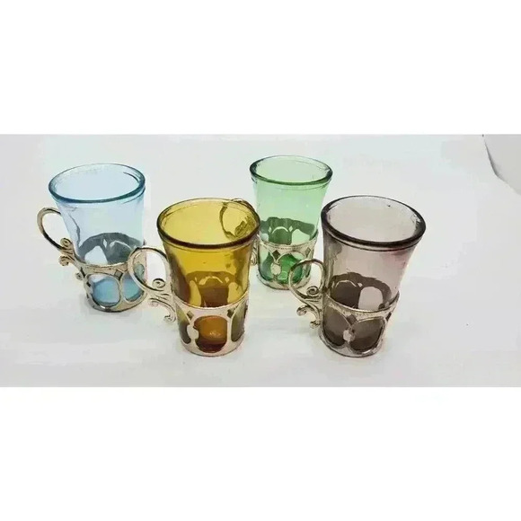 Vintage California Souvenir Shot Glasses Silver Handled Holders Set Of 4 1950s - Picture 6 of 14